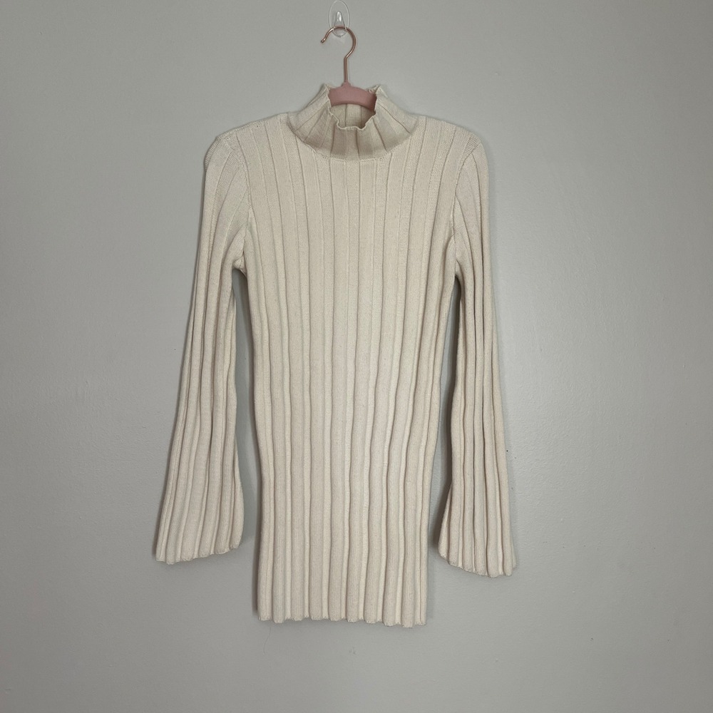 Lovers + Friends Ivory Knit Sweater Medium Ribbed Mock Neck Bell‎ Sleeve
